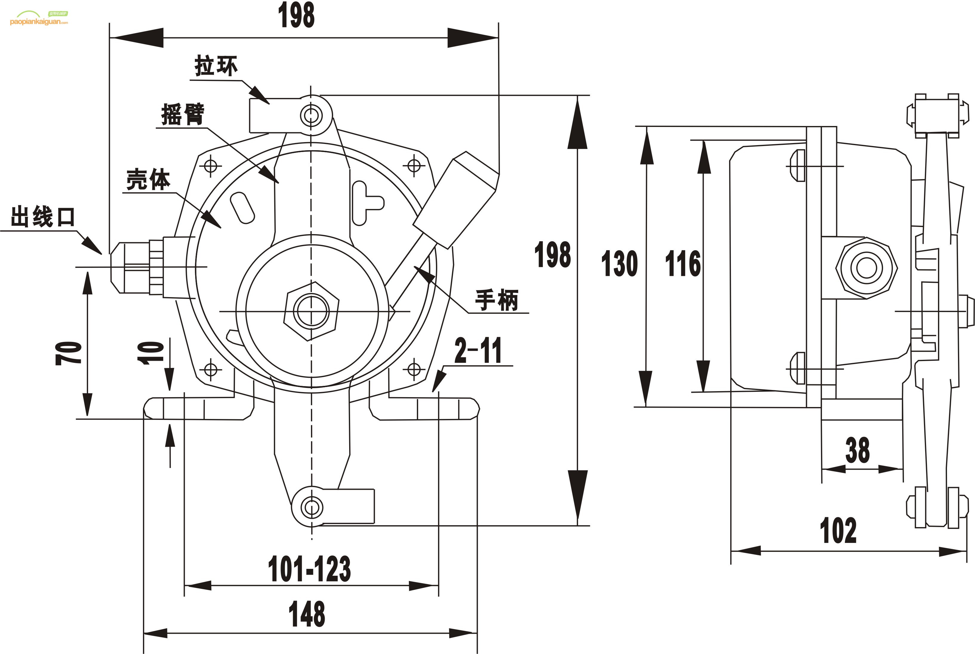 HFKLT2-I手動復位型拉繩開關(guān)組成結(jié)構(gòu)尺寸圖