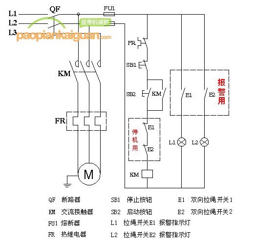 雙向拉繩開關電氣接線圖(可實際PLC遠程報警)